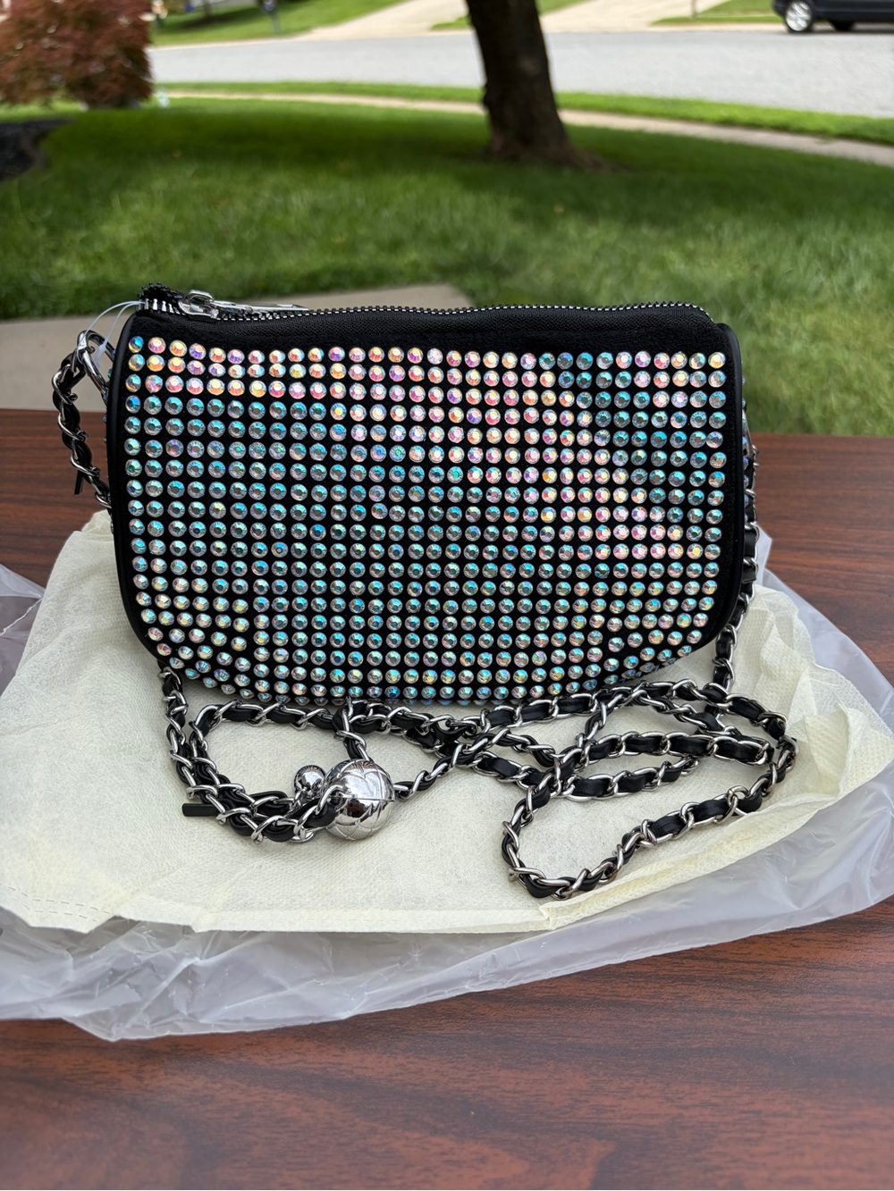 Black AB Rhinestone Crystal Crossbody Evening Bag Chain Strap New